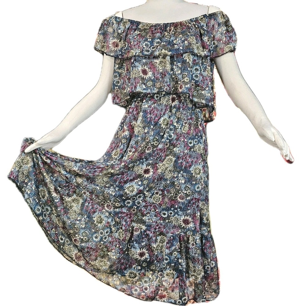 Vintage 1970s Dress Tiered Ruffles Off‎ Shoulder Floral Muted Jewel Toned Retro